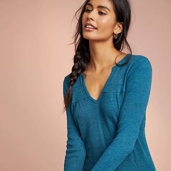 Anthropologie T.La Waffle Weave Primary Long Sleeve Tunic Top In Blue Size M EUC - Picture 5 of 15